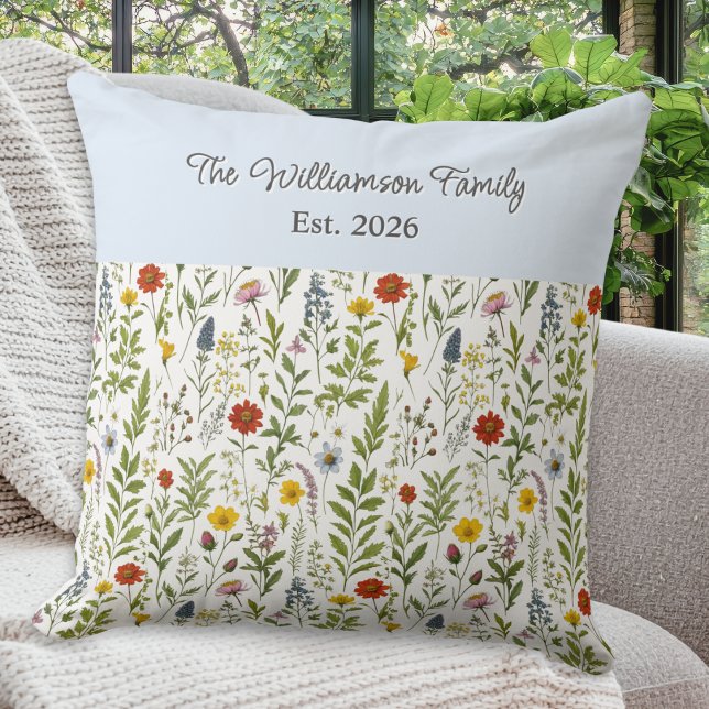 Watercolor Wildflowers Pattern Personalized Throw Pillow (A personalized throw pillow with pattern of colorful wildflowers in a watercolor style)