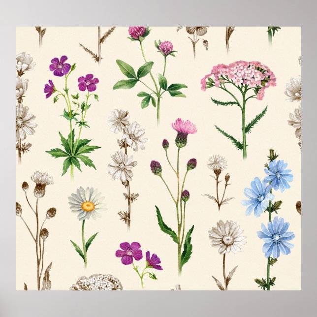 Watercolor wildflowers pattern. poster (Front)