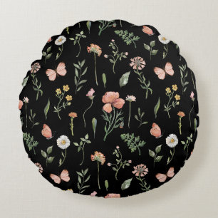 Watercolor Wildflowers Pattern Round Pillow