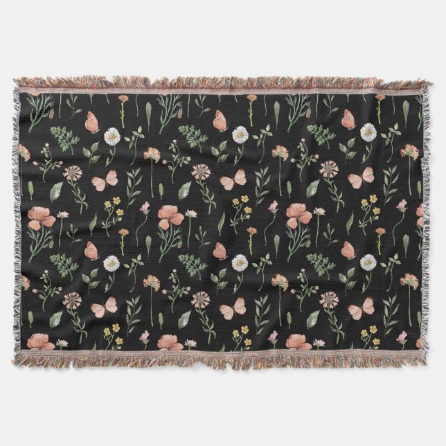 Watercolor Wildflowers Pattern Throw Blanket (Front)