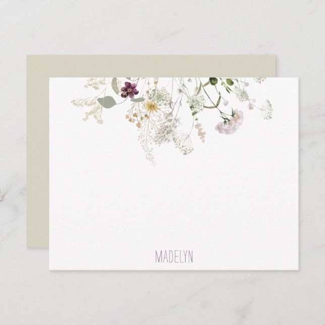 Watercolor Wildflowers Personalized Flat Note Card (Front/Back)