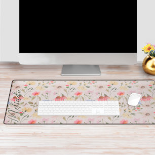Watercolor Wildflowers Personalized Script Name Desk Mat