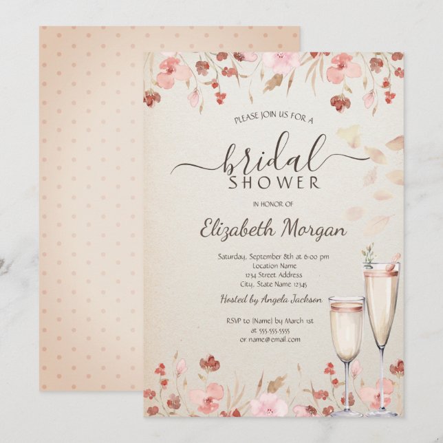 Watercolor Wildflowers Petals Prosecco Invitation (Front/Back)