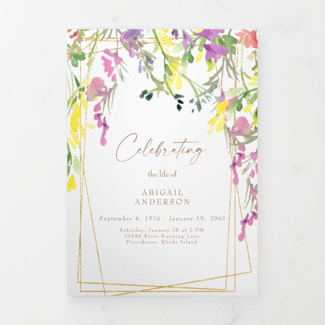 Watercolor Wildflowers Photo Funeral Program (Cover)