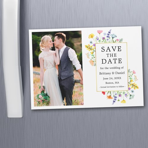 Watercolor Wildflowers Photo Gold Frame Magnetic Invitation