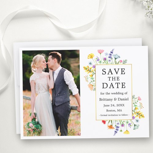 Watercolor Wildflowers Photo Gold Frame Save The Date
