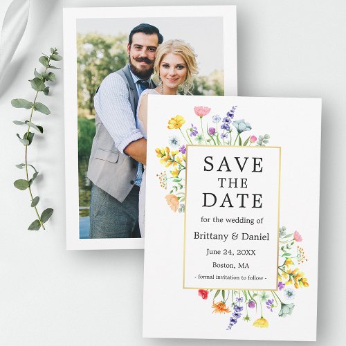 Watercolor Wildflowers Photo Gold Save The Date