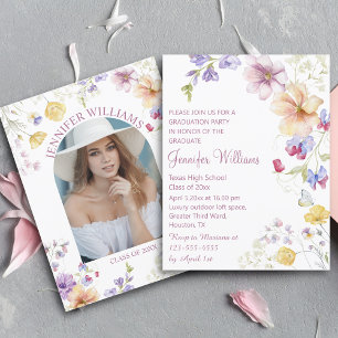 watercolor wildflowers photo graduation pink invitation