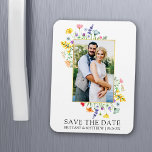 Watercolor Wildflowers Photo Save The Date Magnet<br><div class="desc">Modern Watercolor Wildflower Wedding Wedding Engagement Announcement Save The Date Magnet includes delicate yellow,  pink,  peach,  dusty blue,  sage green,  purple,  red and orange wild flowers,  poppies,  eucalyptus leaves and other beautiful botanical greenery on a gold frame. Couple Photo.</div>