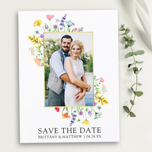 Watercolor Wildflowers Photo Save The Date Postcard