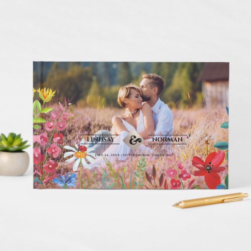 Watercolor Wildflowers Photo Wedding  Guest Book