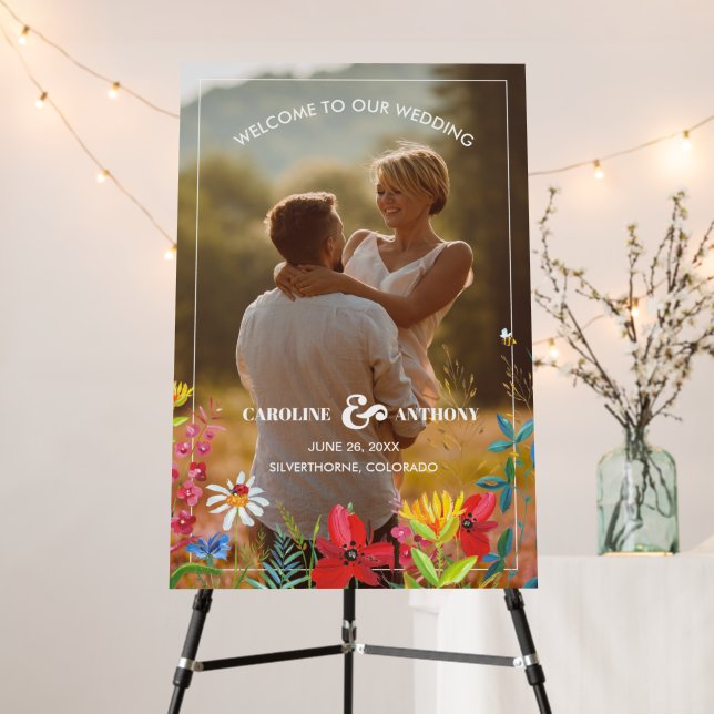 Watercolor Wildflowers Photo Wedding Welcome  Foam Board (In Situ (Stand))