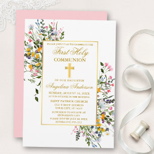 Watercolor Wildflowers Pink Blush Gold Communion Invitation