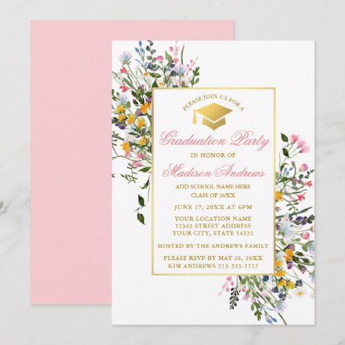 Watercolor Wildflowers Pink Blush Gold Graduation