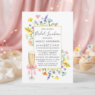 Watercolor Wildflowers Pink Bow Bridal Luncheon Invitation