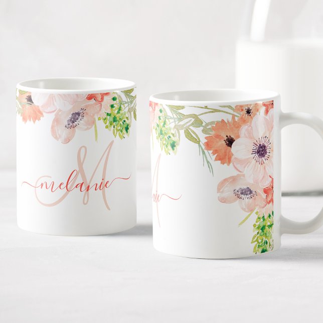 Watercolor Wildflowers Pink Custom Monogram Name Coffee Mug (Creator Uploaded)