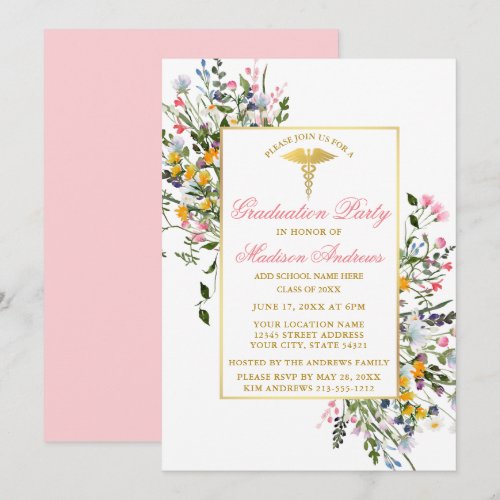Watercolor Wildflowers Pink Gold Nurse Graduation