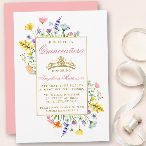 Watercolor Wildflowers Pink Gold Quinceanera Invitation