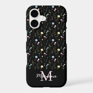 watercolor wildflowers pink monogram black chic iPhone 17 case