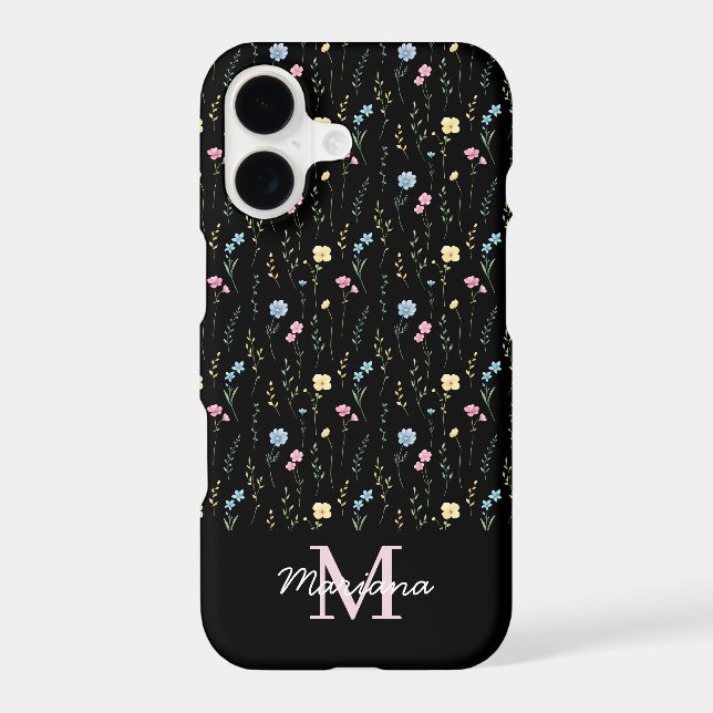 watercolor wildflowers pink monogram black chic iPhone case (Back)