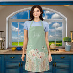 Watercolor wildflowers pink sage green boho apron<br><div class="desc">A boho style apron. A trendy sage green colored background. Decorated with watercolored pink wildflowers and bees. Personalize and add your name.</div>