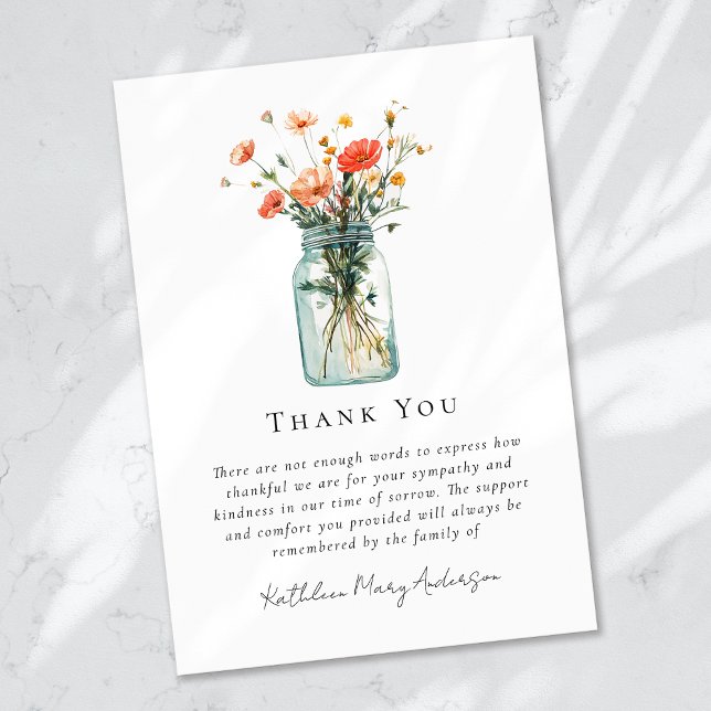 Watercolor Wildflowers Poppies Sympathy Funeral  Thank You Card (Creator Uploaded)