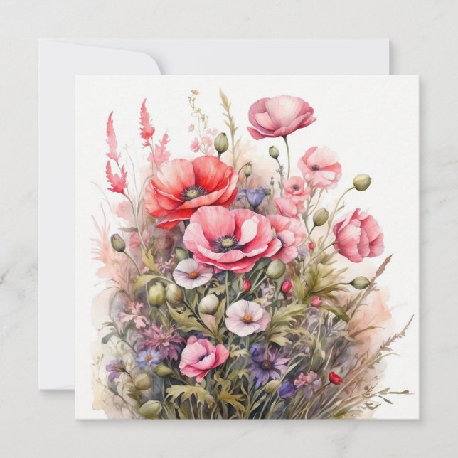 Watercolor Wildflowers, Poppy Flowers Bouquet  Card (Front)