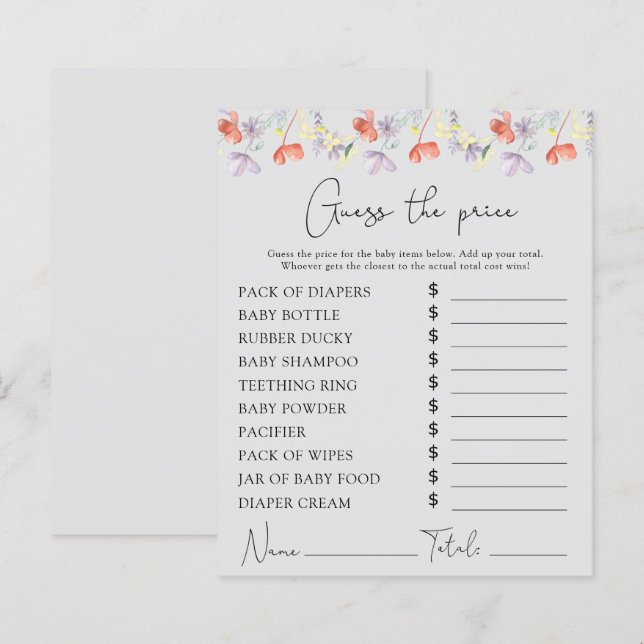 Watercolor Wildflowers Price Guess game (Front/Back)