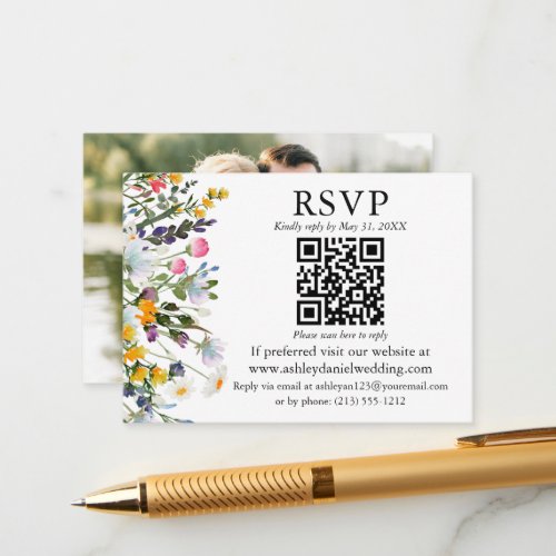 Watercolor Wildflowers QR RSVP Photo Wedding Enclosure Card
