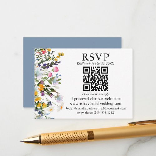 Watercolor Wildflowers QR RSVP Wedding Dusty Blue Enclosure Card