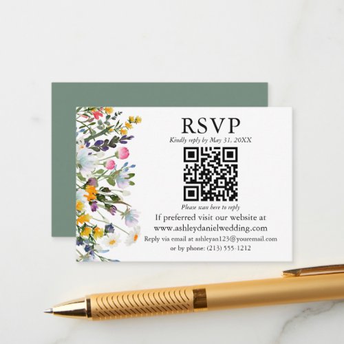 Watercolor Wildflowers QR RSVP Wedding Sage Green Enclosure Card
