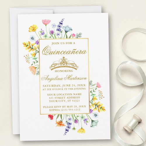 Watercolor Wildflowers Quinceanera Gold Invitation