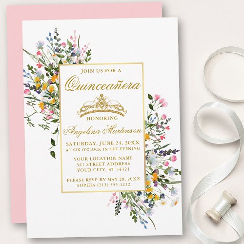 Watercolor Wildflowers Quinceanera Pink Blush Invitation