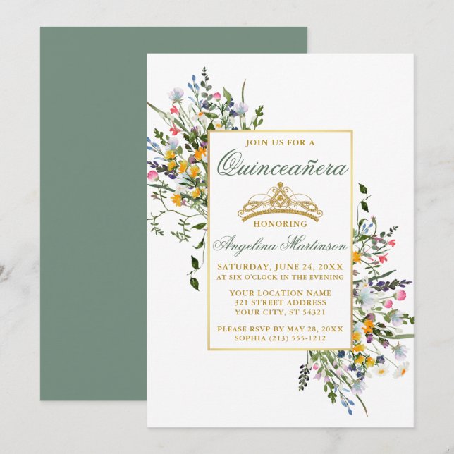 Watercolor Wildflowers Quinceanera Sage Green Invitation (Front/Back)