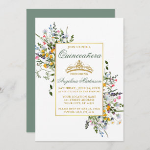 Watercolor Wildflowers Quinceanera Sage Green Invitation