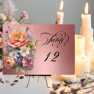 Watercolor Wildflowers - Rose Gold Table Number