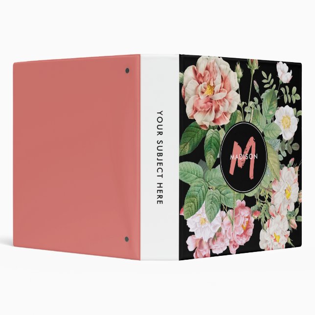Watercolor Wildflowers Roses Black Pink Monogram 3 Ring Binder (Background)