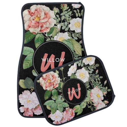 Watercolor Wildflowers Roses Black Pink Monogram Car Floor Mat