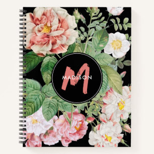Watercolor Wildflowers Roses Black Pink Monogram  Notebook