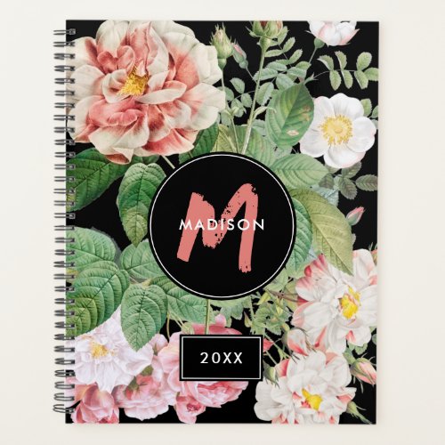 Watercolor Wildflowers Roses Black Pink Monogram Planner