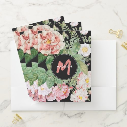 Watercolor Wildflowers Roses Black Pink Monogram  Pocket Folder