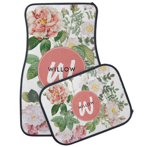 Watercolor Wildflowers Roses Blush Pink Monogram  Car Floor Mat