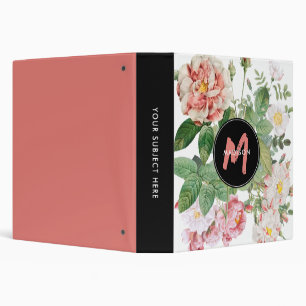 Watercolor Wildflowers Roses White Pink Monogram 3 Ring Binder