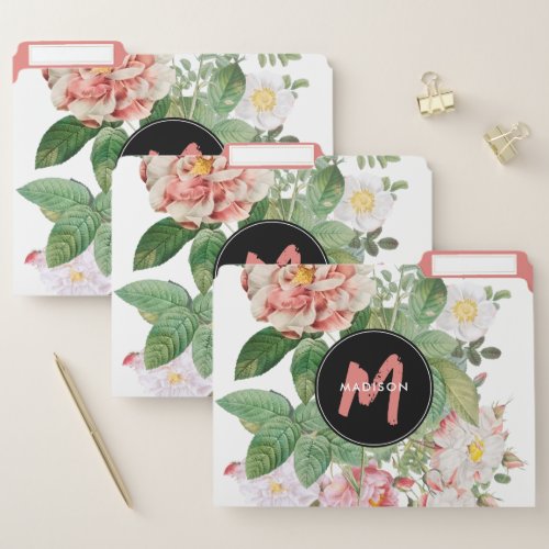 Watercolor Wildflowers Roses White Pink Monogram File Folder