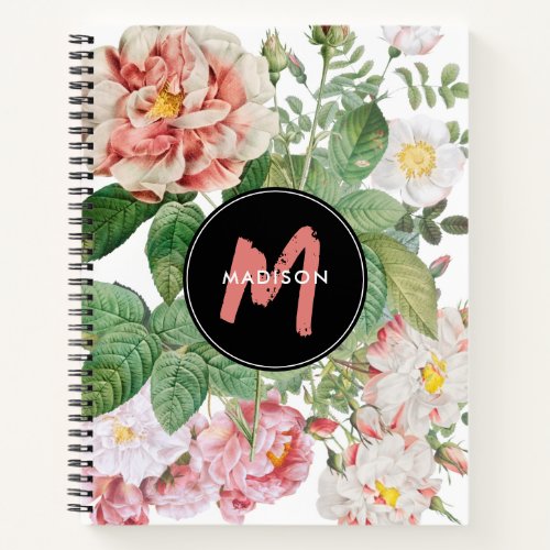 Watercolor Wildflowers Roses White Pink Monogram Notebook