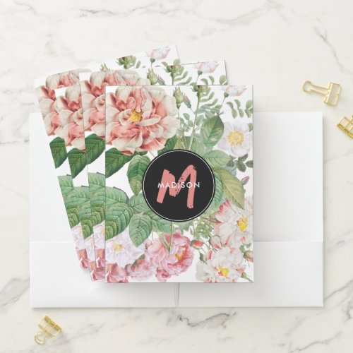 Watercolor Wildflowers Roses White Pink Monogram Pocket Folder