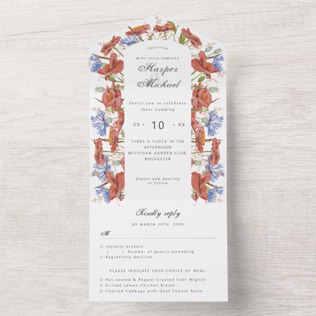 Watercolor wildflowers rsvp attached wedding all in one invitation (Inside)