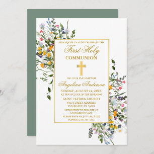Watercolor Wildflowers Sage Green Gold Communion Invitation