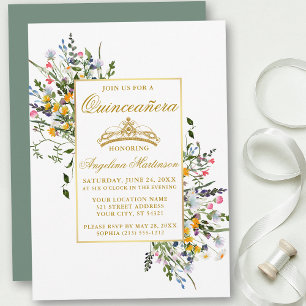 Watercolor Wildflowers Sage Green Quinceanera Invitation