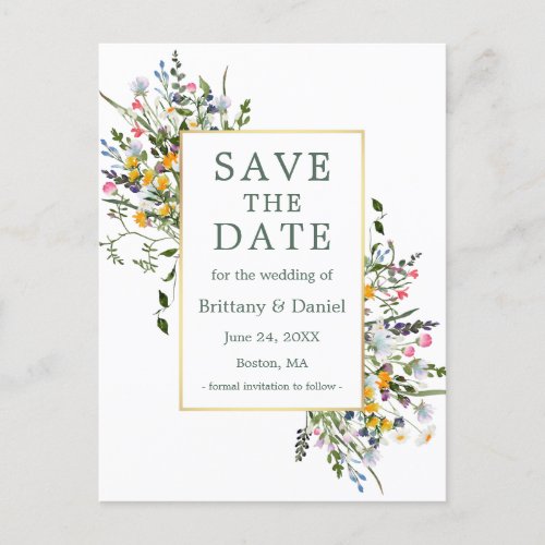 Watercolor Wildflowers Sage Green Save The Date Postcard